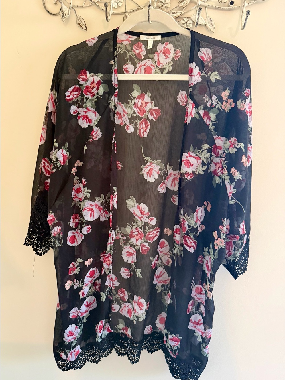 Floral Sheer Kimono - Black with Pink Floral